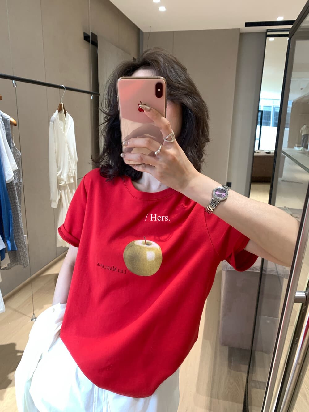 이른 봄 hers 미니멀리즘 일상 캐주얼 调性 애플 패턴 반팔 티셔츠 다용도 슬림해 보이는 맨위 상세 이미지 10
