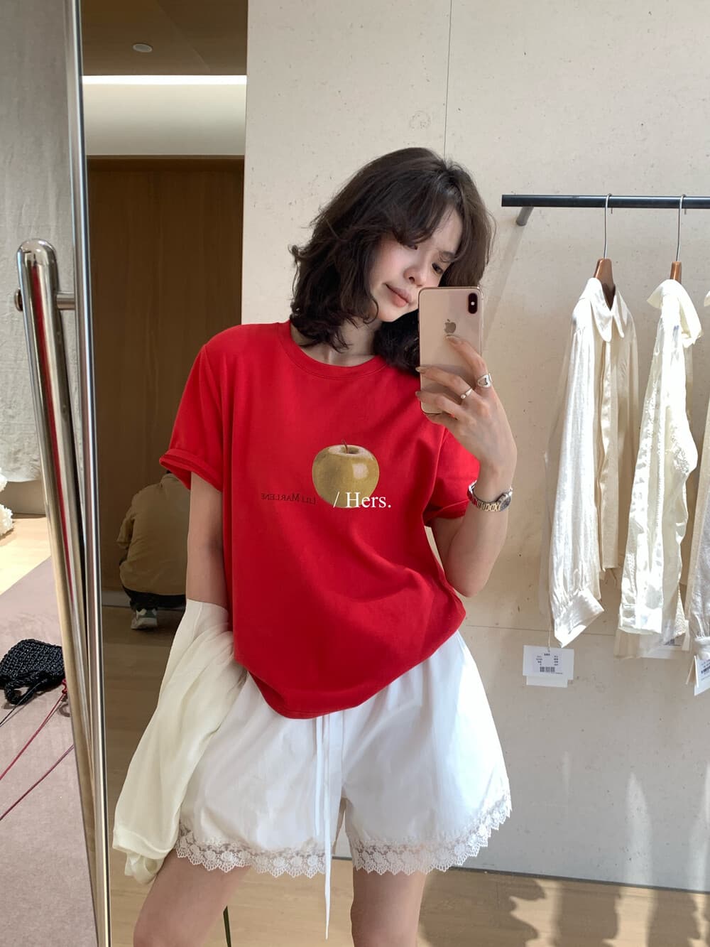 이른 봄 hers 미니멀리즘 일상 캐주얼 调性 애플 패턴 반팔 티셔츠 다용도 슬림해 보이는 맨위 상세 이미지 13