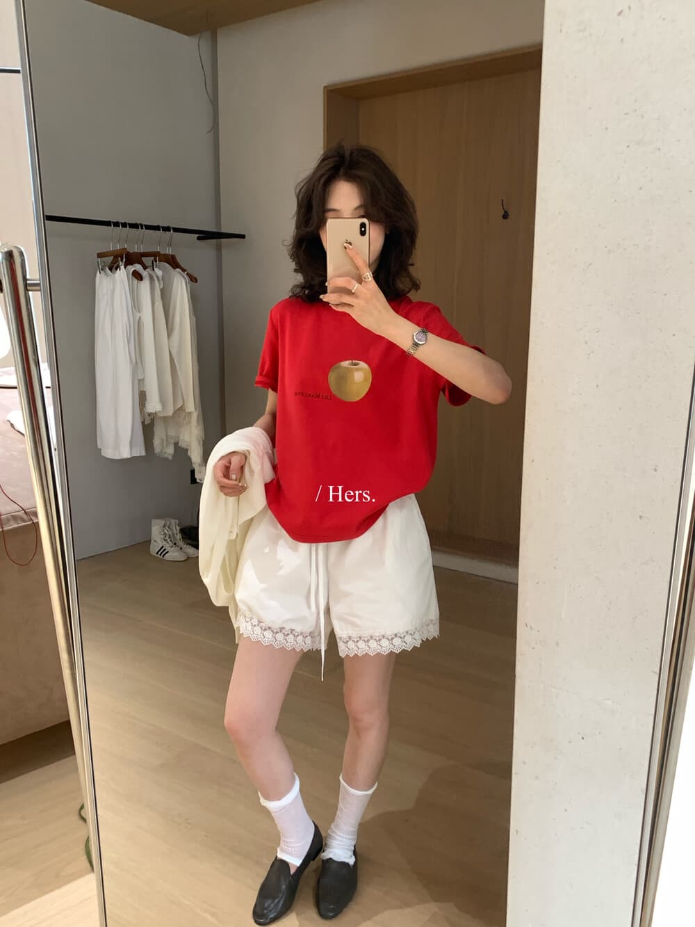 이른 봄 hers 미니멀리즘 일상 캐주얼 调性 애플 패턴 반팔 티셔츠 다용도 슬림해 보이는 맨위 상세 이미지 15