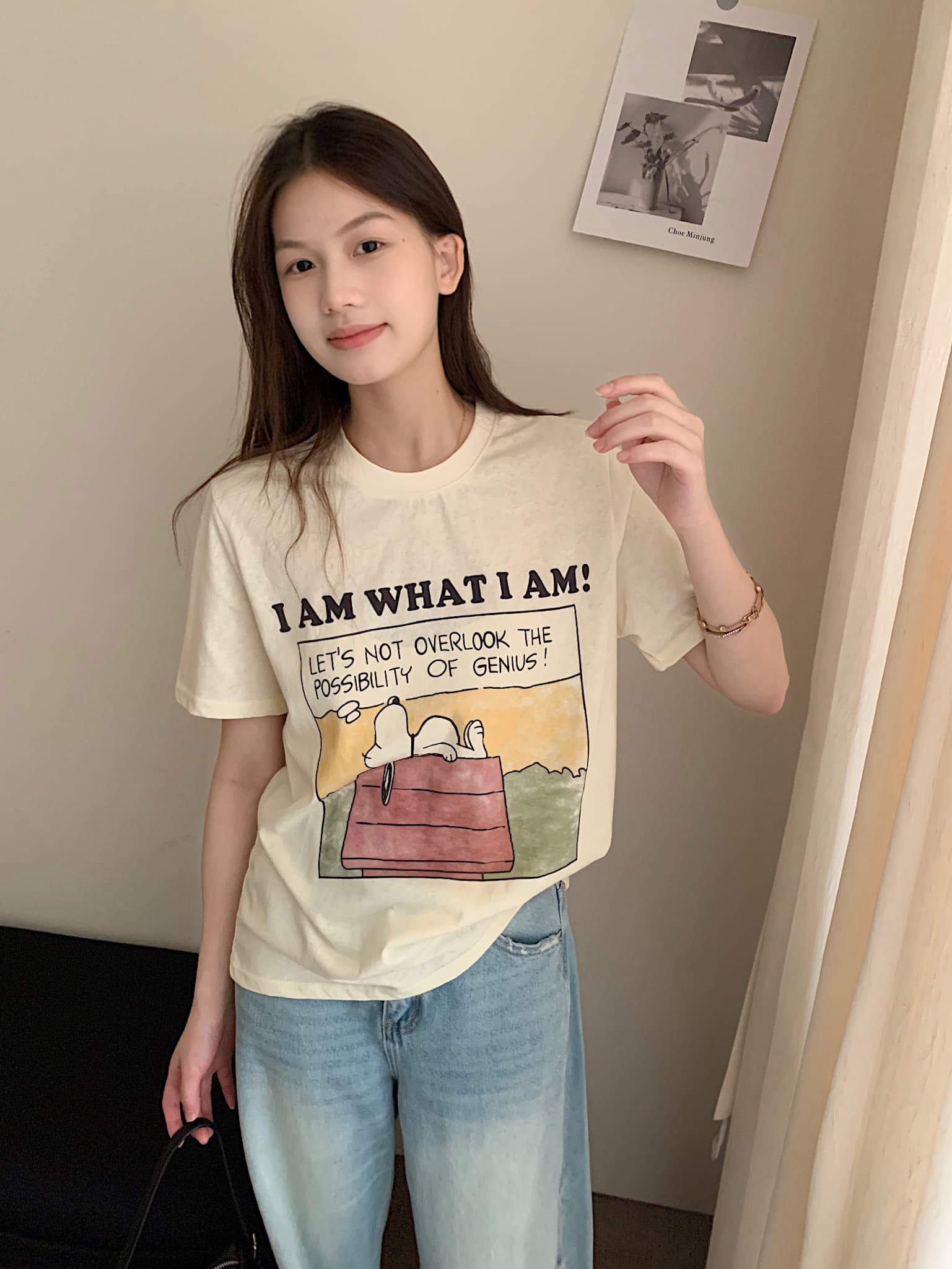 실사 여름 켜기 새로운 미니멀리즘 일상 캐주얼 재미있는 강아지 반팔 티셔츠 슬림해 보이는 다용도 한 첨부 된 의류 상세 이미지 3