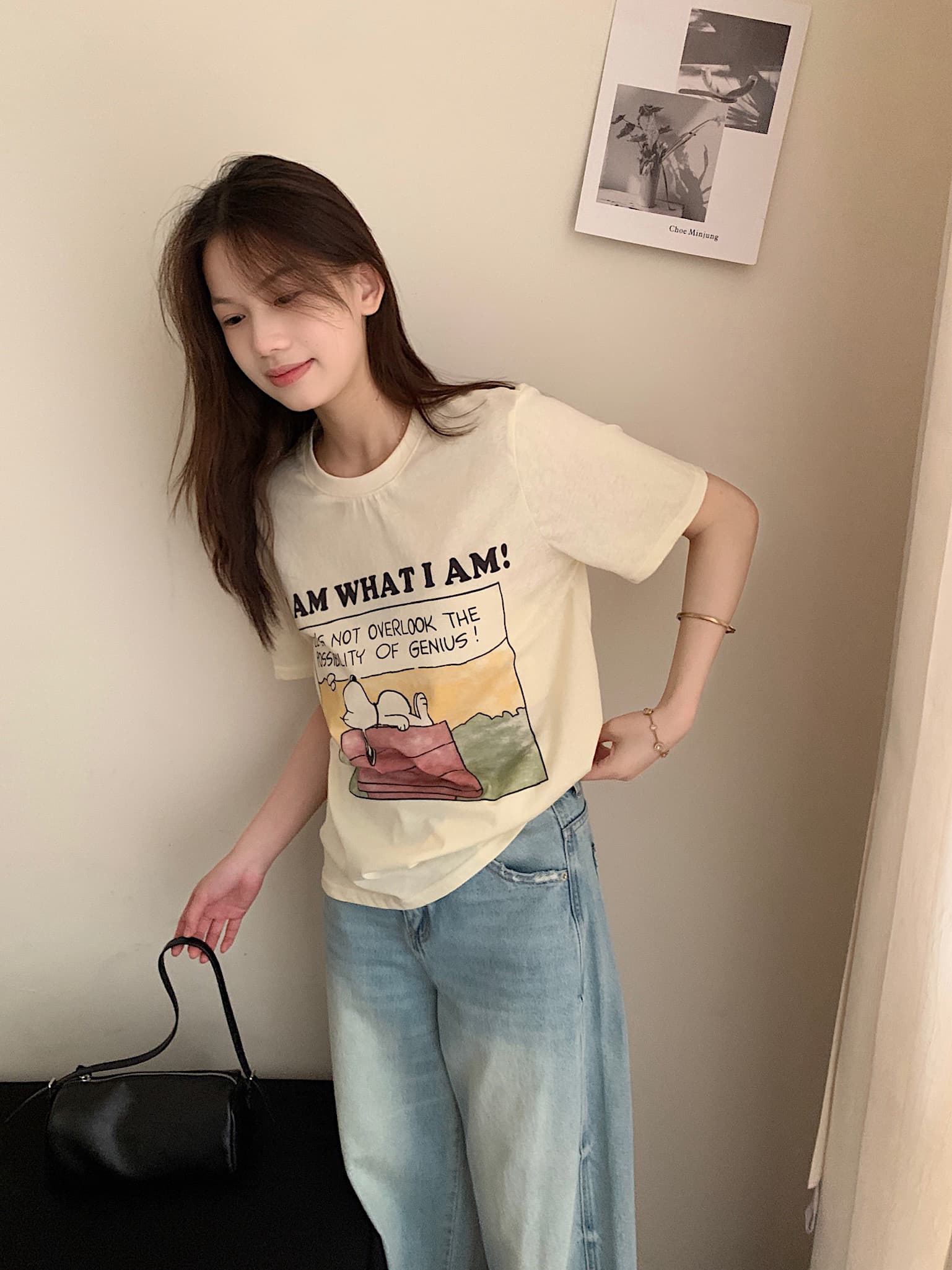 실사 여름 켜기 새로운 미니멀리즘 일상 캐주얼 재미있는 강아지 반팔 티셔츠 슬림해 보이는 다용도 한 첨부 된 의류 상세 이미지 4