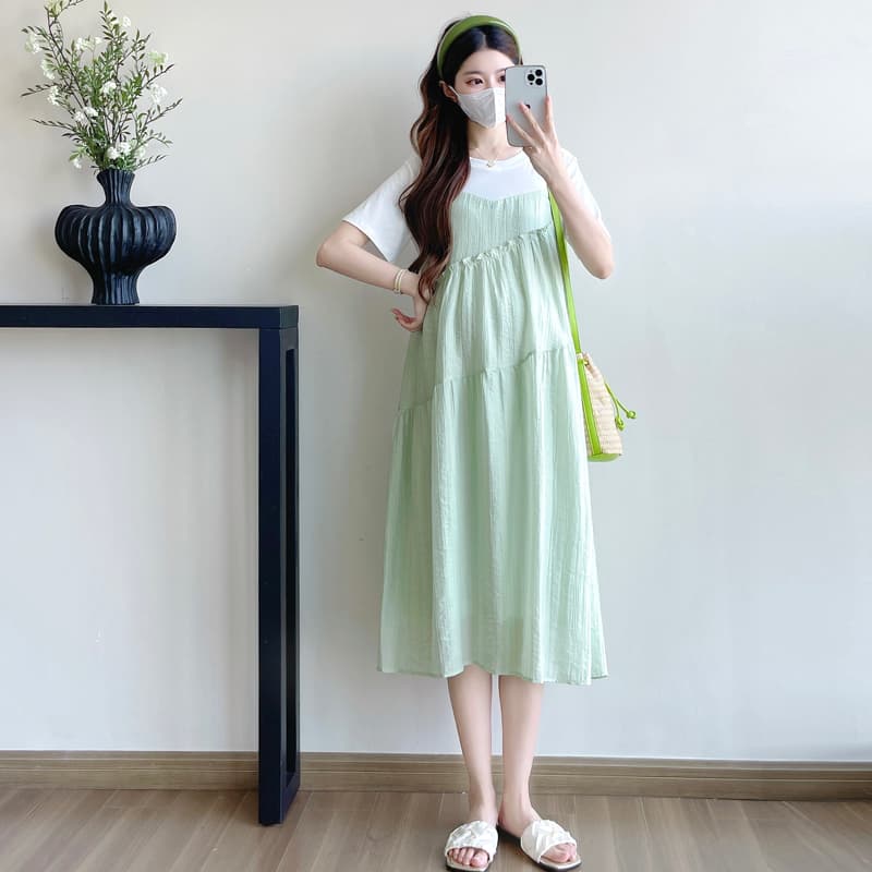 실사 2025 여름 새로운 한국 스타일 티셔츠 패치워크 페이크 레이어드 작은 청신 임산부 드레스 이미지 4