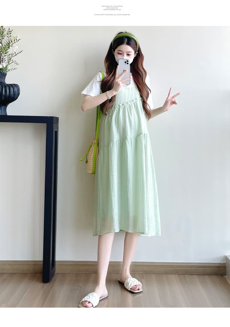 실사 2025 여름 새로운 한국 스타일 티셔츠 패치워크 페이크 레이어드 작은 청신 임산부 드레스 상세 이미지 12