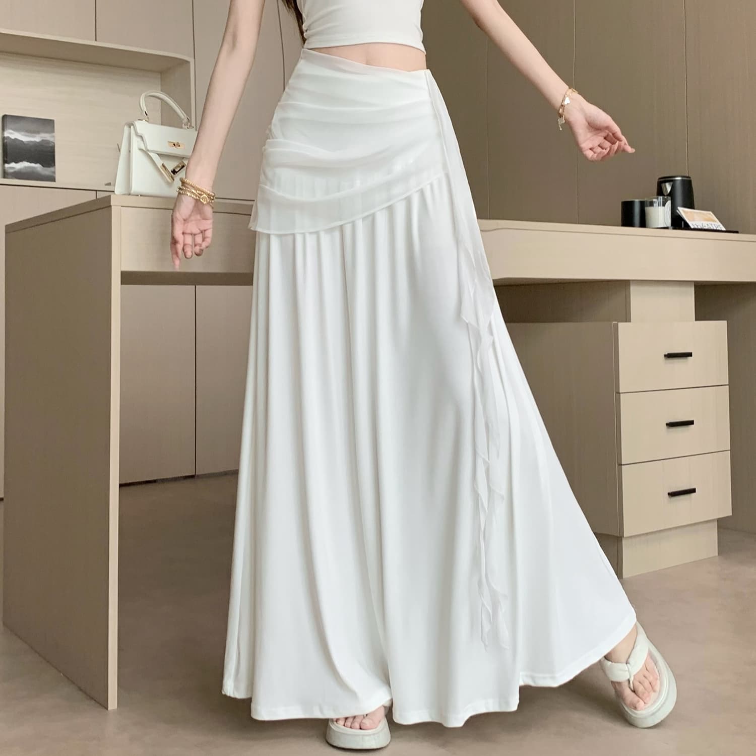 순수한 욕망 바람 도루 센스 우아한 쉬폰 패치워크 롱 스커트 디자인 센스 불규칙 프릴 디스플레이 높음 슬림해 보이는 반신 스커트