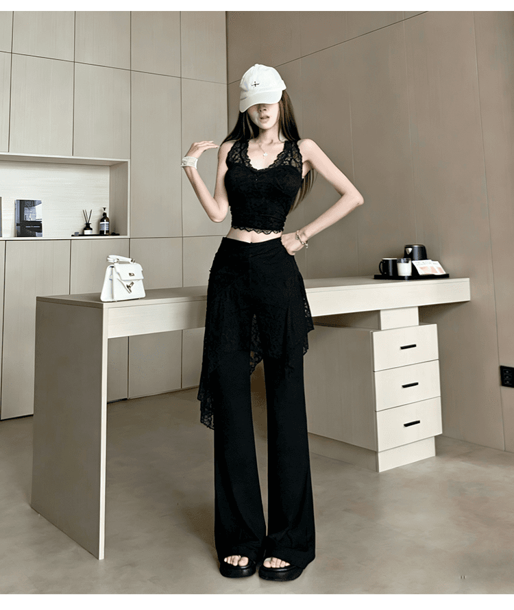 디자인 센스 페이크 레이어드 랩스커트팬츠 패치워크 부츠컷 바지 새로운 얇은 스타일 도루 센스 원단 슬림해 보이는 다용도 부츠컷 바지 상세 이미지 26
