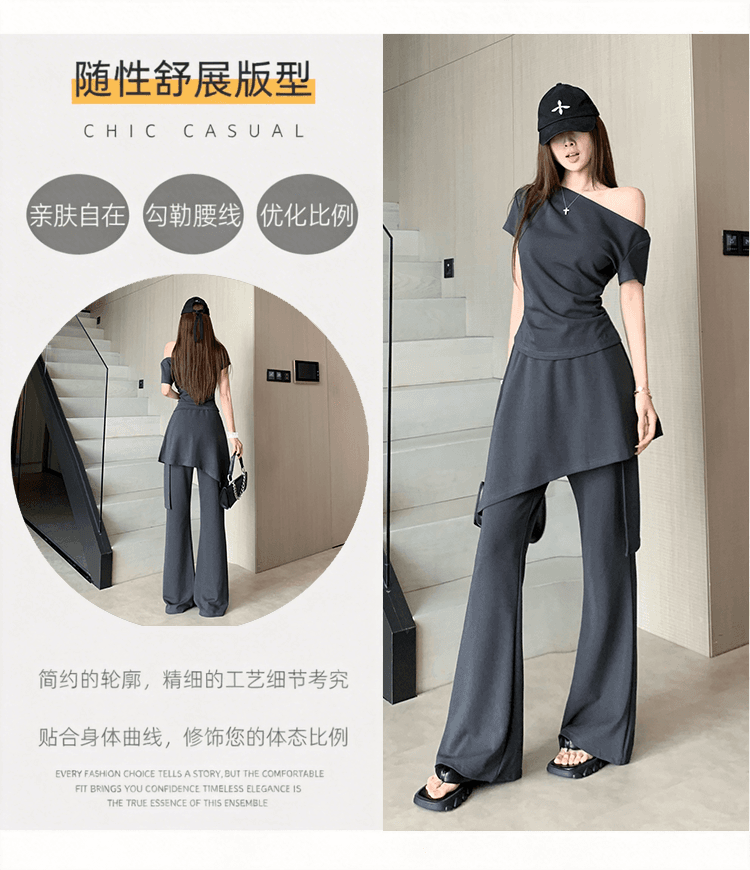 디자인 센스 비스듬한 어깨 반팔 맨위 방귀 커튼 부츠컷 바지 투피스 세트 고급 센스 패션 품격 다용도 세트 상세 이미지 3