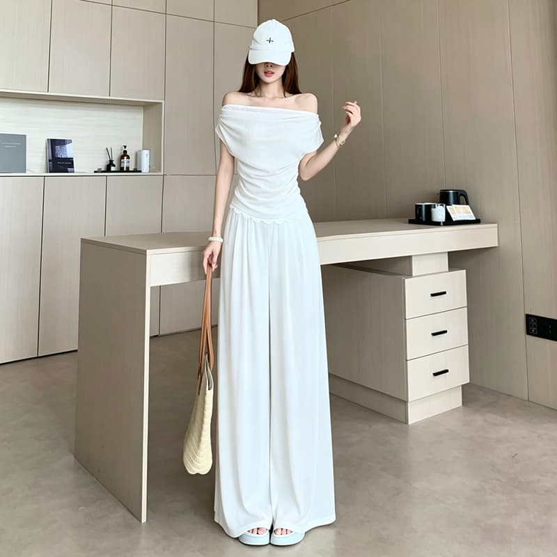 한 부서 순수한 욕망 바람 세트 새로운 한 부서 레이스 조각 비스듬한 어깨 둘 착용 맨위 다용도 와이드 레그 팬츠 투피스 세트 이미지 3