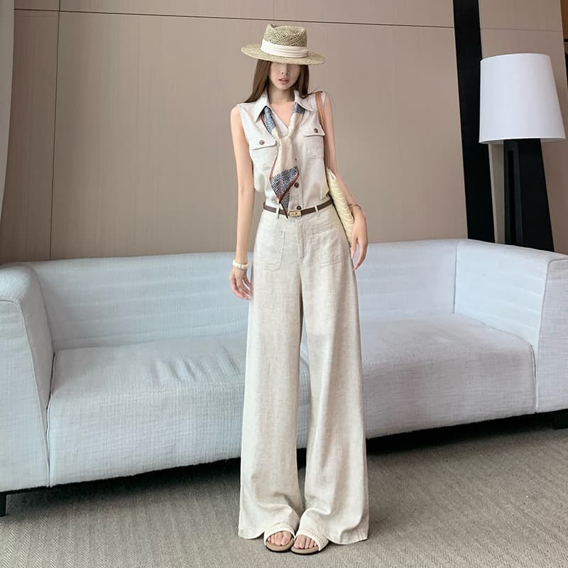품격 전체 집합 ootd 착용 가져 가라. 한 부서 오래된 돈 바람 민소매 맨위 경기 스카프 스트레이트 와이드 레그 팬츠 벨트 포함 이미지 2