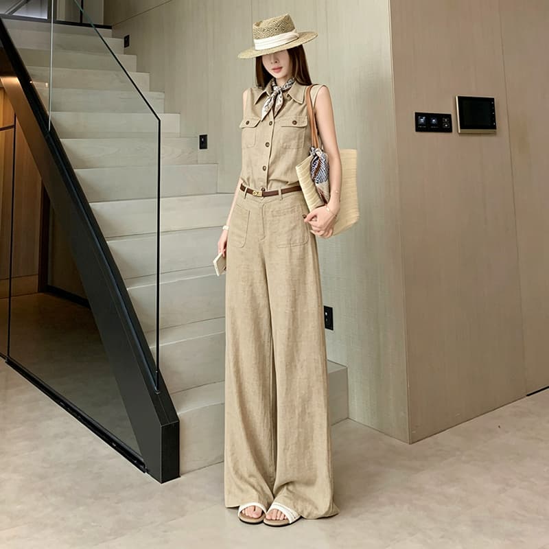 품격 전체 집합 ootd 착용 가져 가라. 한 부서 오래된 돈 바람 민소매 맨위 경기 스카프 스트레이트 와이드 레그 팬츠 벨트 포함 이미지 5