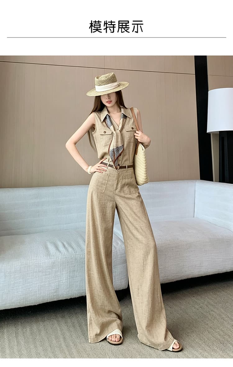 품격 전체 집합 ootd 착용 가져 가라. 한 부서 오래된 돈 바람 민소매 맨위 경기 스카프 스트레이트 와이드 레그 팬츠 벨트 포함 상세 이미지 18