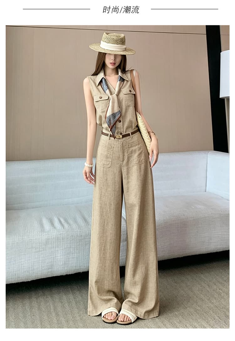 품격 전체 집합 ootd 착용 가져 가라. 한 부서 오래된 돈 바람 민소매 맨위 경기 스카프 스트레이트 와이드 레그 팬츠 벨트 포함 상세 이미지 19