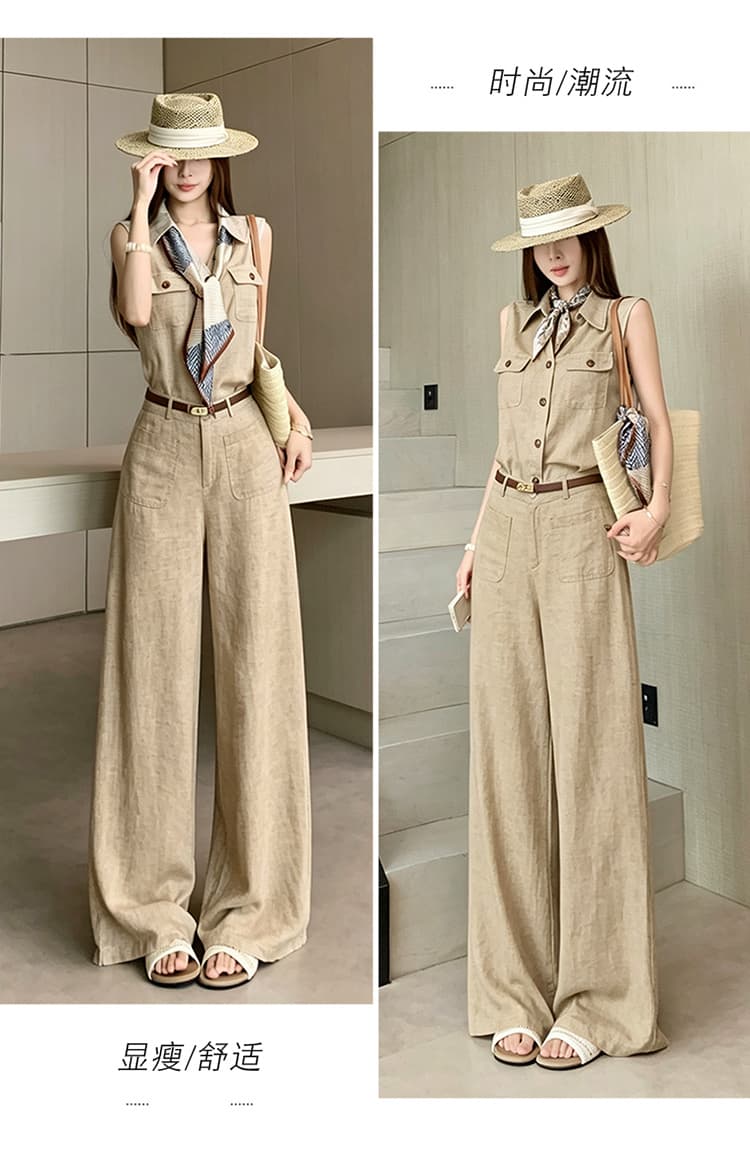 품격 전체 집합 ootd 착용 가져 가라. 한 부서 오래된 돈 바람 민소매 맨위 경기 스카프 스트레이트 와이드 레그 팬츠 벨트 포함 상세 이미지 20
