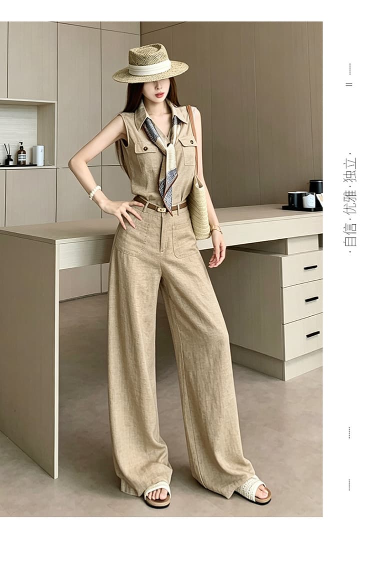 품격 전체 집합 ootd 착용 가져 가라. 한 부서 오래된 돈 바람 민소매 맨위 경기 스카프 스트레이트 와이드 레그 팬츠 벨트 포함 상세 이미지 21