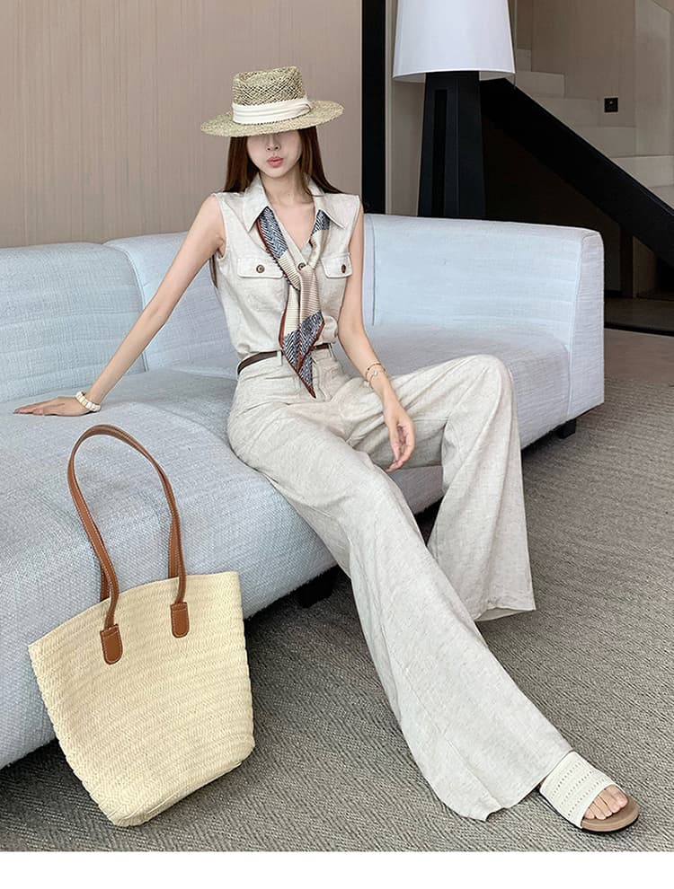 품격 전체 집합 ootd 착용 가져 가라. 한 부서 오래된 돈 바람 민소매 맨위 경기 스카프 스트레이트 와이드 레그 팬츠 벨트 포함 상세 이미지 22