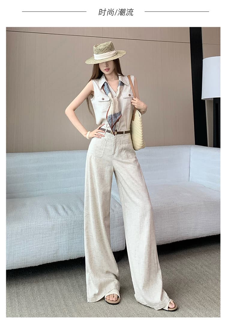 품격 전체 집합 ootd 착용 가져 가라. 한 부서 오래된 돈 바람 민소매 맨위 경기 스카프 스트레이트 와이드 레그 팬츠 벨트 포함 상세 이미지 23