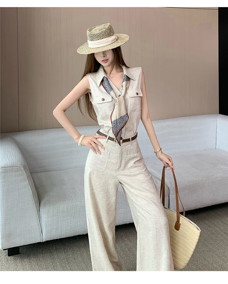 품격 전체 집합 ootd 착용 가져 가라. 한 부서 오래된 돈 바람 민소매 맨위 경기 스카프 스트레이트 와이드 레그 팬츠 벨트 포함 상세 이미지 24