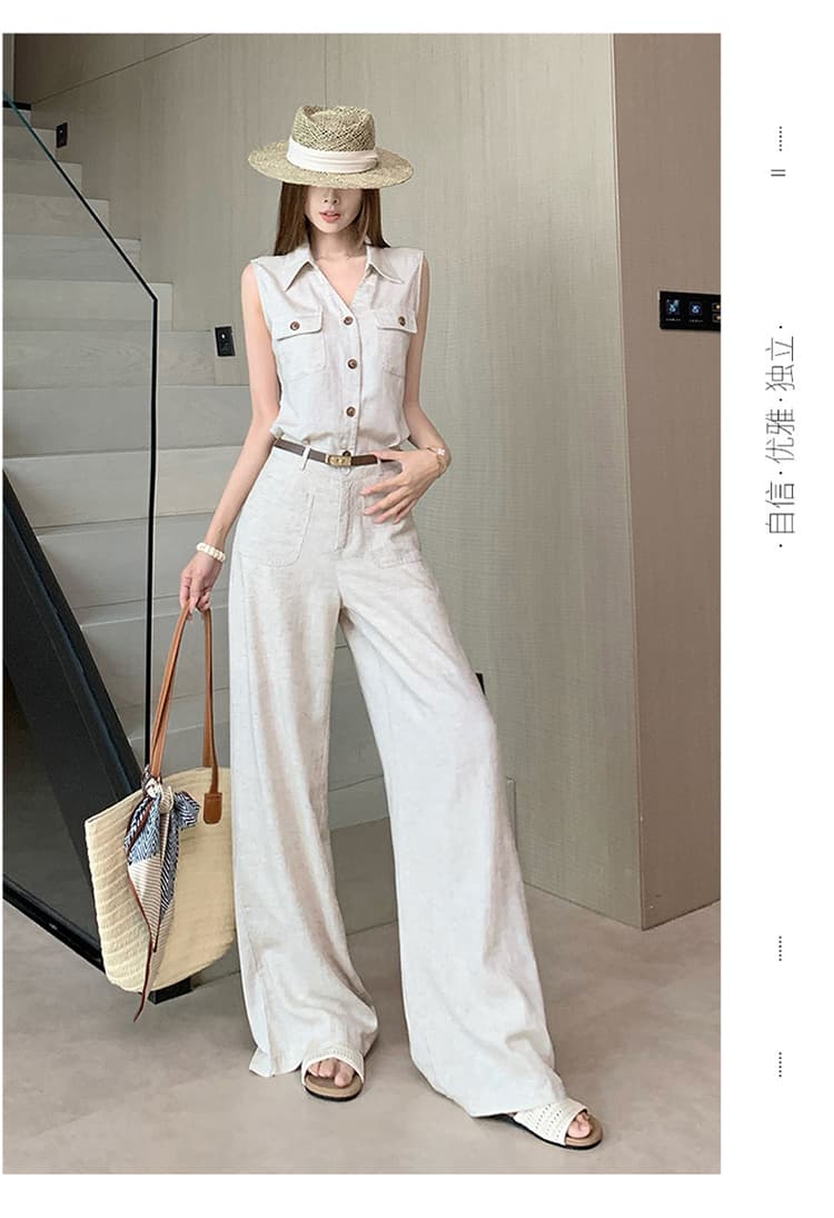 품격 전체 집합 ootd 착용 가져 가라. 한 부서 오래된 돈 바람 민소매 맨위 경기 스카프 스트레이트 와이드 레그 팬츠 벨트 포함 상세 이미지 26