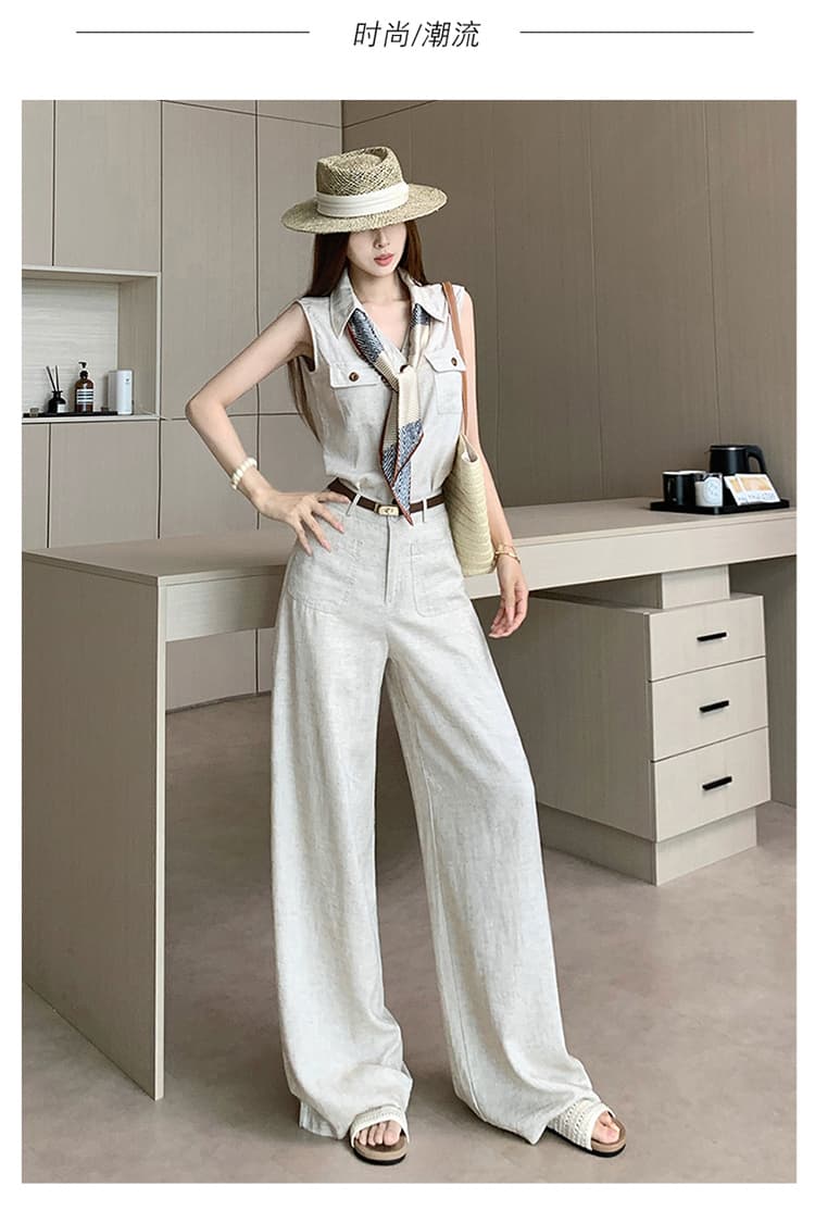 품격 전체 집합 ootd 착용 가져 가라. 한 부서 오래된 돈 바람 민소매 맨위 경기 스카프 스트레이트 와이드 레그 팬츠 벨트 포함 상세 이미지 29