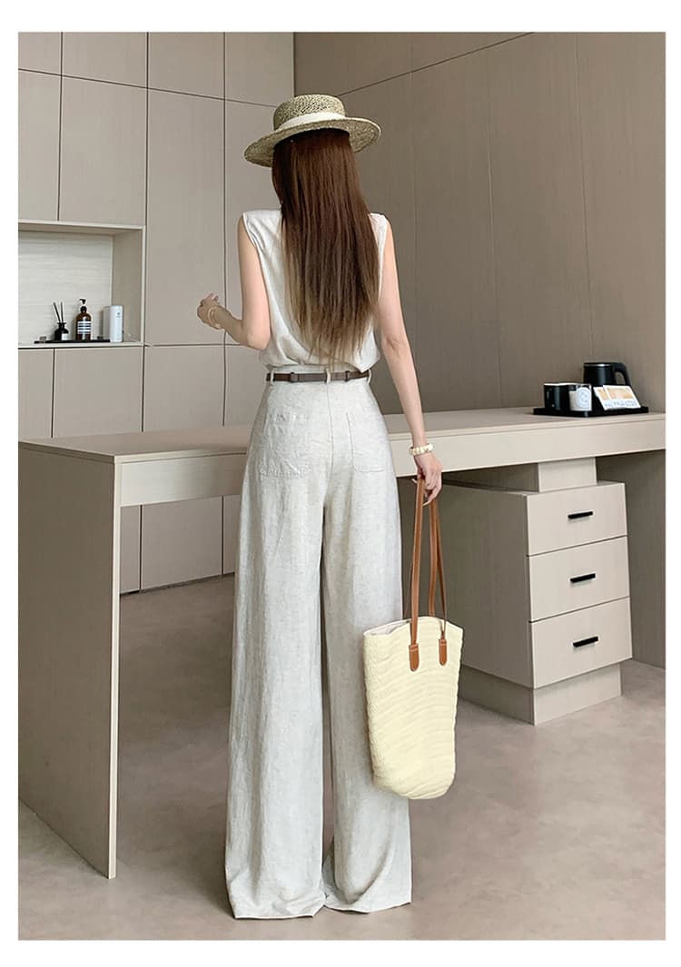 품격 전체 집합 ootd 착용 가져 가라. 한 부서 오래된 돈 바람 민소매 맨위 경기 스카프 스트레이트 와이드 레그 팬츠 벨트 포함 상세 이미지 32