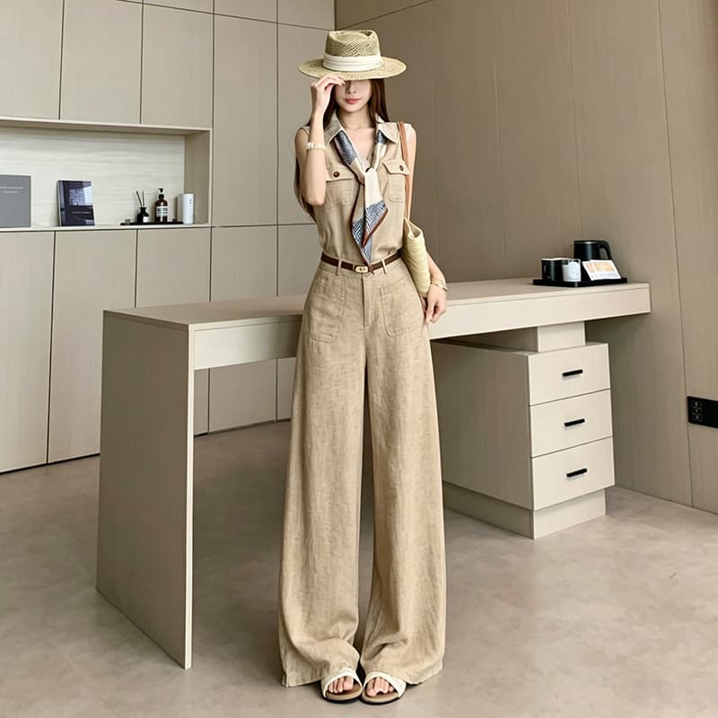 품격 전체 집합 ootd 착용 가져 가라. 한 부서 오래된 돈 바람 민소매 맨위 경기 스카프 스트레이트 와이드 레그 팬츠 벨트 포함 이미지 2