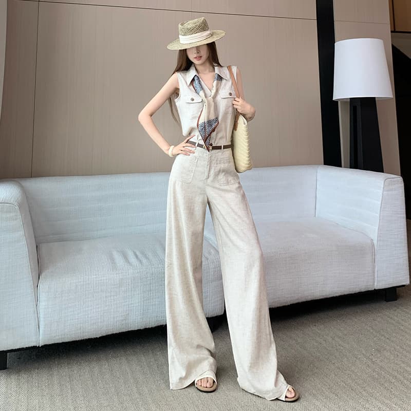 품격 전체 집합 ootd 착용 가져 가라. 한 부서 오래된 돈 바람 민소매 맨위 경기 스카프 스트레이트 와이드 레그 팬츠 벨트 포함 이미지 3
