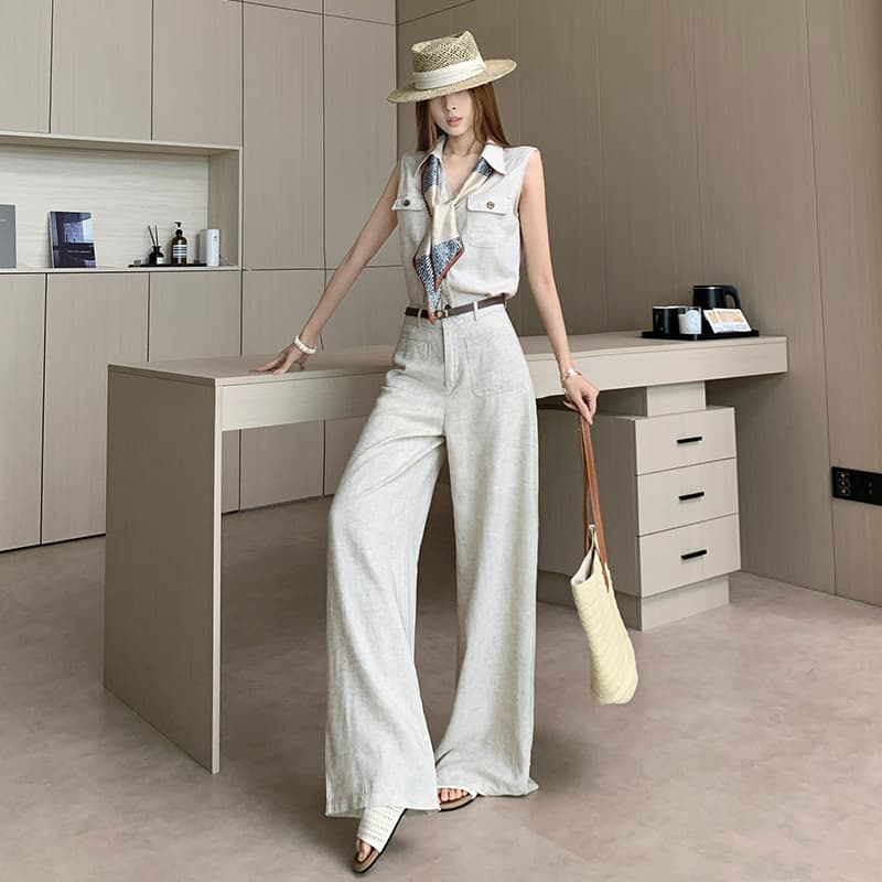 품격 전체 집합 ootd 착용 가져 가라. 한 부서 오래된 돈 바람 민소매 맨위 경기 스카프 스트레이트 와이드 레그 팬츠 벨트 포함 이미지 5