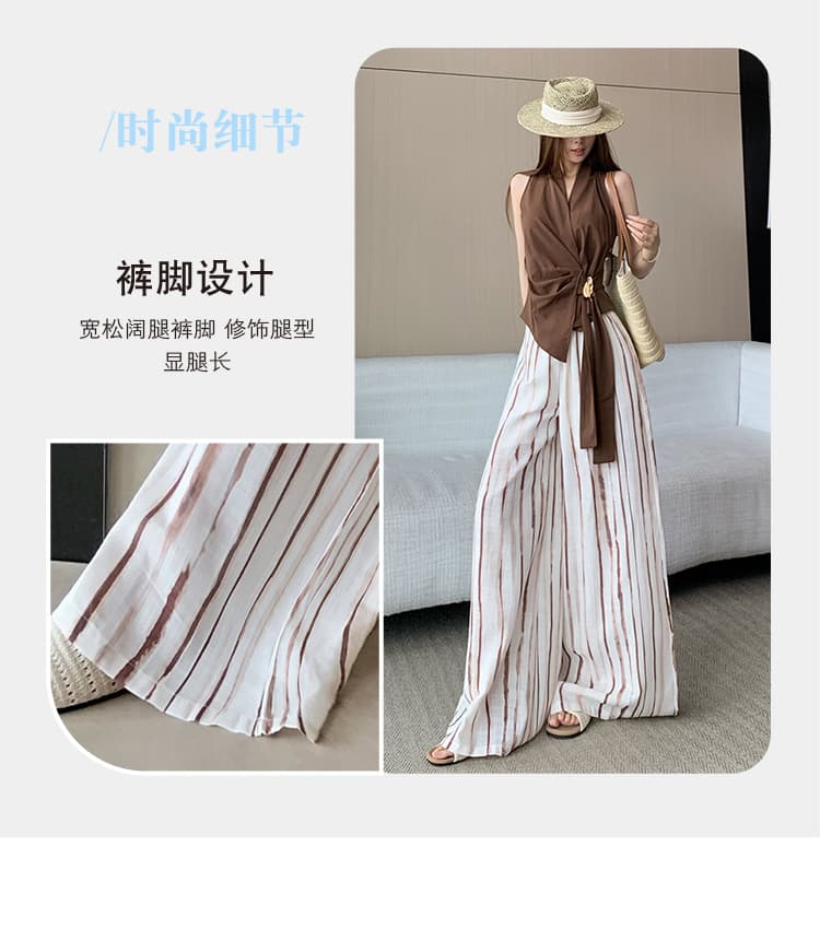 디자인 센스 오래된 돈 바람 패션 슬림해 보이는 행침 목 맨위 스트레이트 루즈핏 슬림해 보이는 스트라이프 와이드 레그 팬츠 투피스 세트 상세 이미지 13
