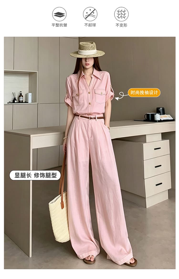 명시적 스티치 디자인 폴로 칼라 반팔 셔츠 와이드 레그 팬츠 투피스 세트 고급 센스 패션 품격 다용도 아마 세트 상세 이미지 3