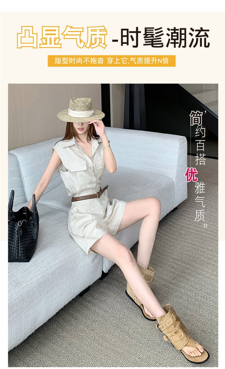 오래된 돈 바람 아마 세트 품격 폴로 칼라 날다 소매 셔츠 넓은 다리가 짧다. 바지 벨트 포함 전체 집합 패션 착용 가져 가라. 상세 이미지 5
