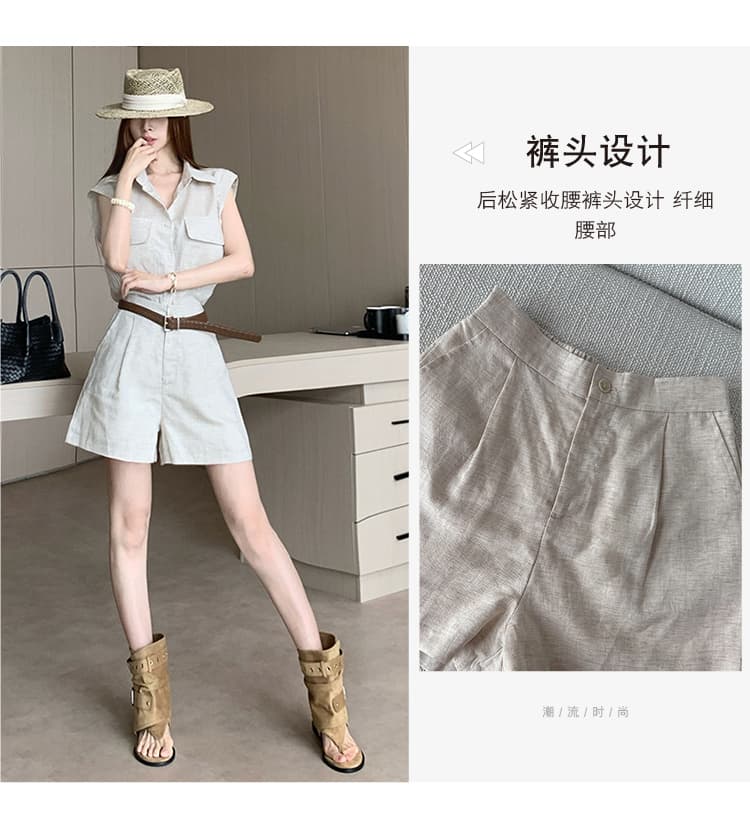 오래된 돈 바람 아마 세트 품격 폴로 칼라 날다 소매 셔츠 넓은 다리가 짧다. 바지 벨트 포함 전체 집합 패션 착용 가져 가라. 상세 이미지 12