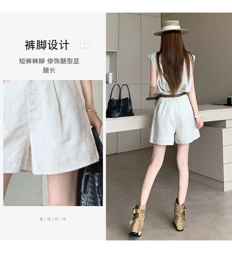 오래된 돈 바람 아마 세트 품격 폴로 칼라 날다 소매 셔츠 넓은 다리가 짧다. 바지 벨트 포함 전체 집합 패션 착용 가져 가라. 상세 이미지 13