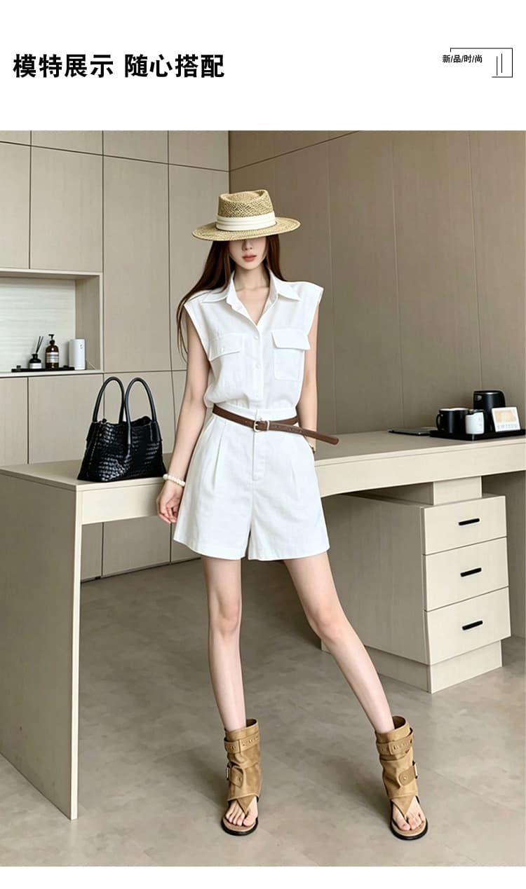 오래된 돈 바람 아마 세트 품격 폴로 칼라 날다 소매 셔츠 넓은 다리가 짧다. 바지 벨트 포함 전체 집합 패션 착용 가져 가라. 상세 이미지 17