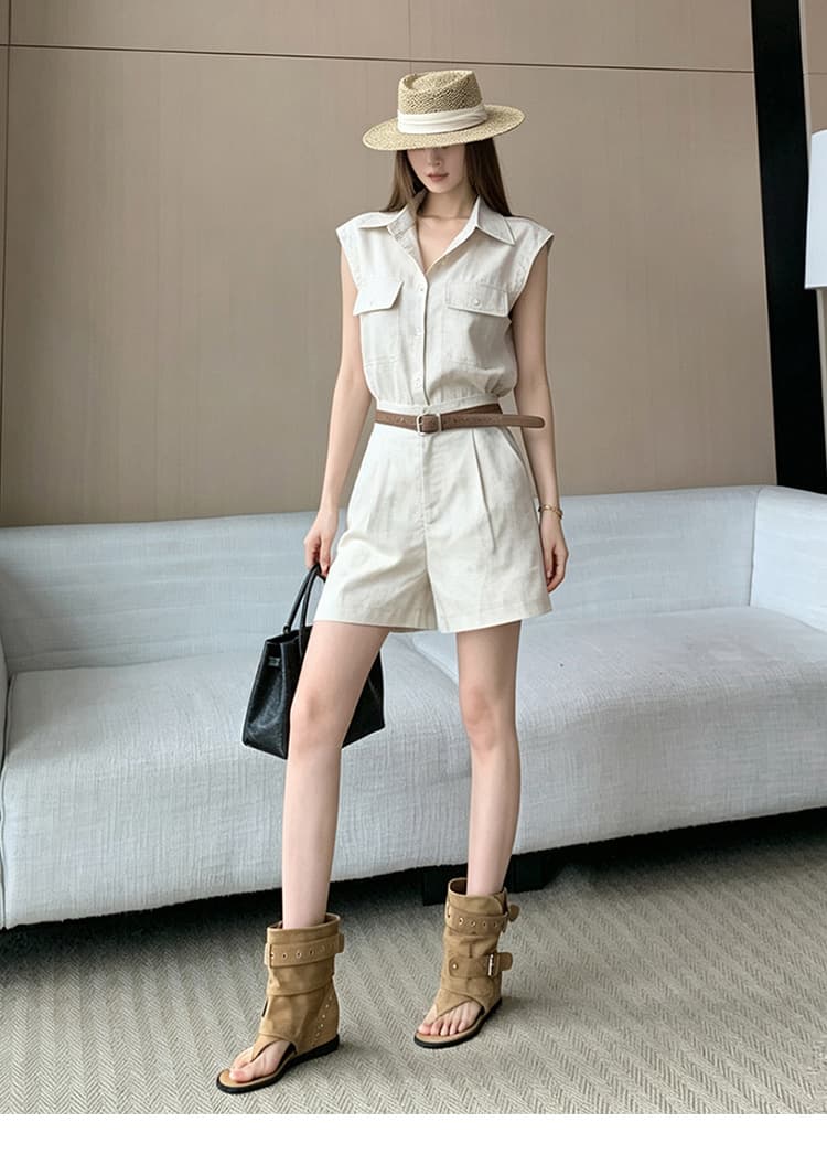 오래된 돈 바람 아마 세트 품격 폴로 칼라 날다 소매 셔츠 넓은 다리가 짧다. 바지 벨트 포함 전체 집합 패션 착용 가져 가라. 상세 이미지 22