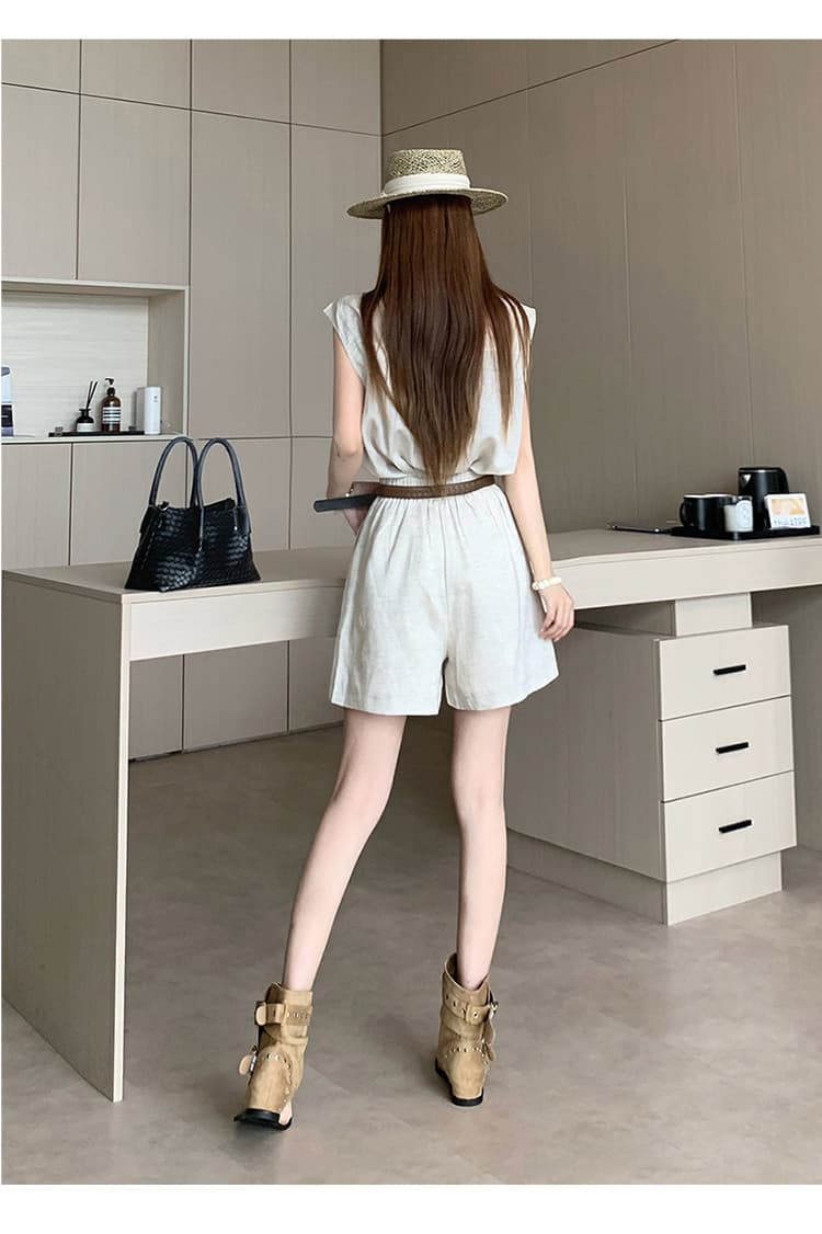 오래된 돈 바람 아마 세트 품격 폴로 칼라 날다 소매 셔츠 넓은 다리가 짧다. 바지 벨트 포함 전체 집합 패션 착용 가져 가라. 상세 이미지 30