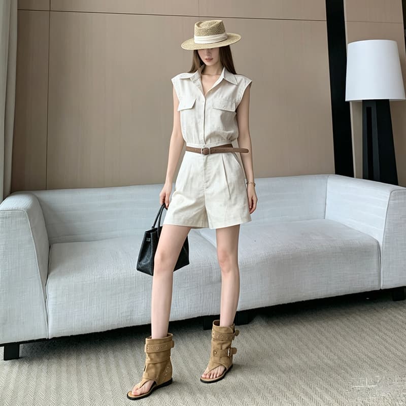 오래된 돈 바람 아마 세트 품격 폴로 칼라 날다 소매 셔츠 넓은 다리가 짧다. 바지 벨트 포함 전체 집합 패션 착용 가져 가라. 이미지 5
