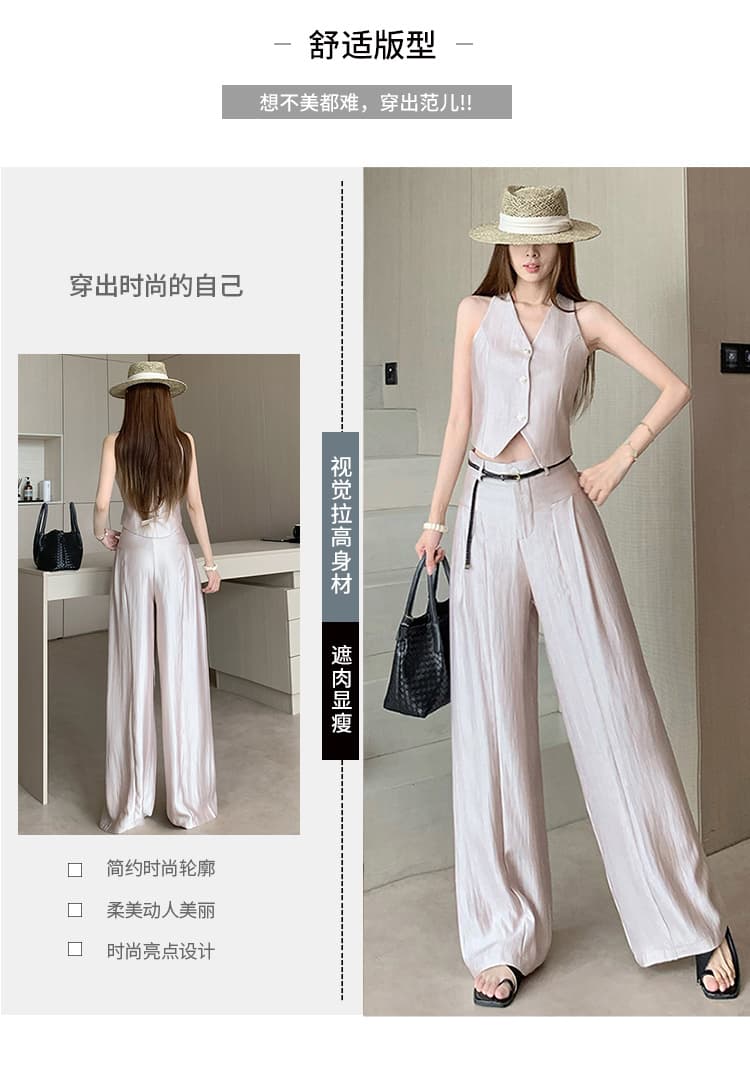 고급 센스 품격 화려함 새틴 세트 절단 어깨 V넥 베스트 핀치 Pleat 와이드 레그 팬츠 벨트 포함 전체 집합 상세 이미지 3