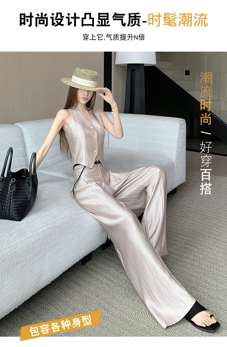 고급 센스 품격 화려함 새틴 세트 절단 어깨 V넥 베스트 핀치 Pleat 와이드 레그 팬츠 벨트 포함 전체 집합 상세 이미지 4