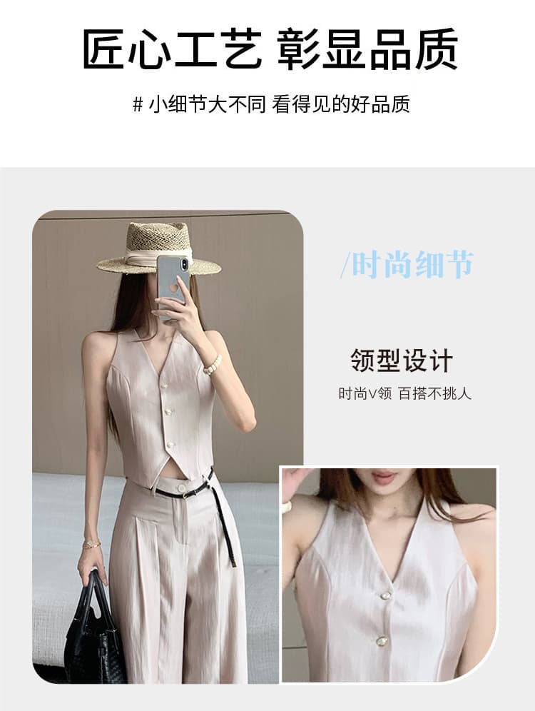 고급 센스 품격 화려함 새틴 세트 절단 어깨 V넥 베스트 핀치 Pleat 와이드 레그 팬츠 벨트 포함 전체 집합 상세 이미지 10