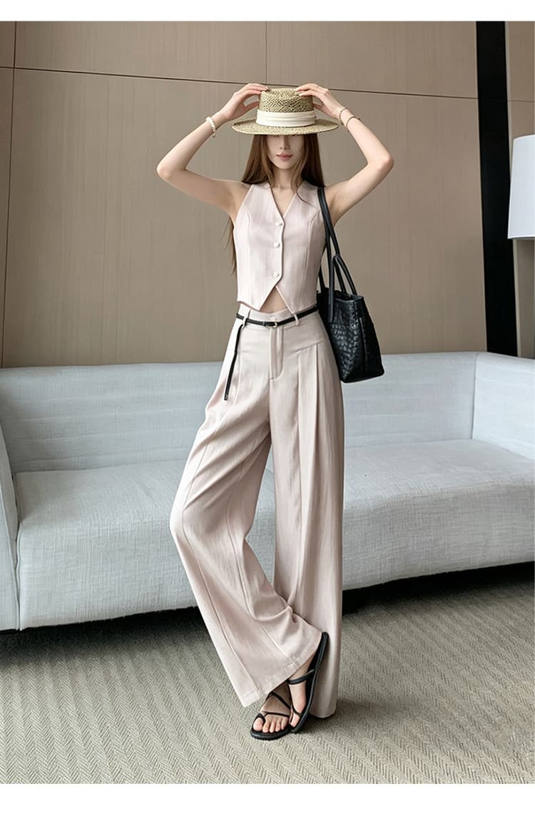고급 센스 품격 화려함 새틴 세트 절단 어깨 V넥 베스트 핀치 Pleat 와이드 레그 팬츠 벨트 포함 전체 집합 상세 이미지 24