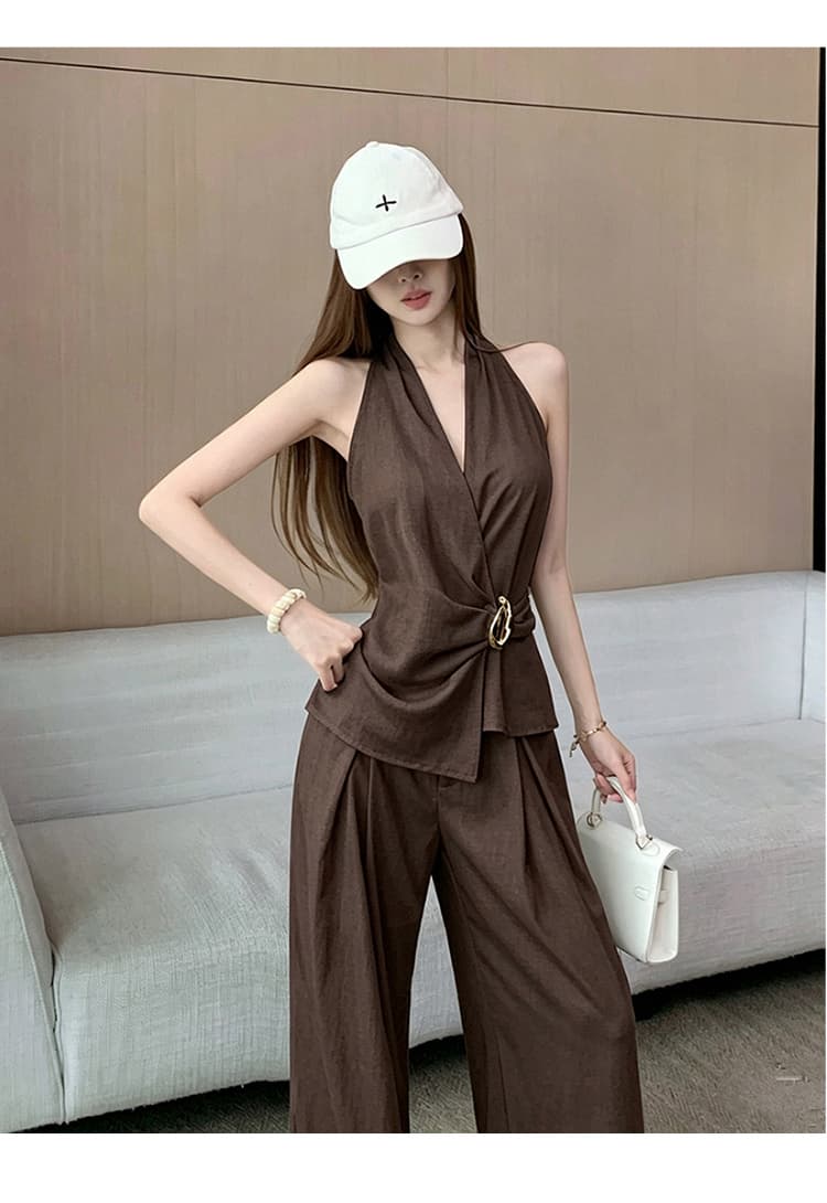해체 자르기 V넥 모방 마 도루 센스 맨위 와이드 레그 팬츠 투피스 세트 디자인 센스 금속 리프 장식 품격 세트 상세 이미지 23