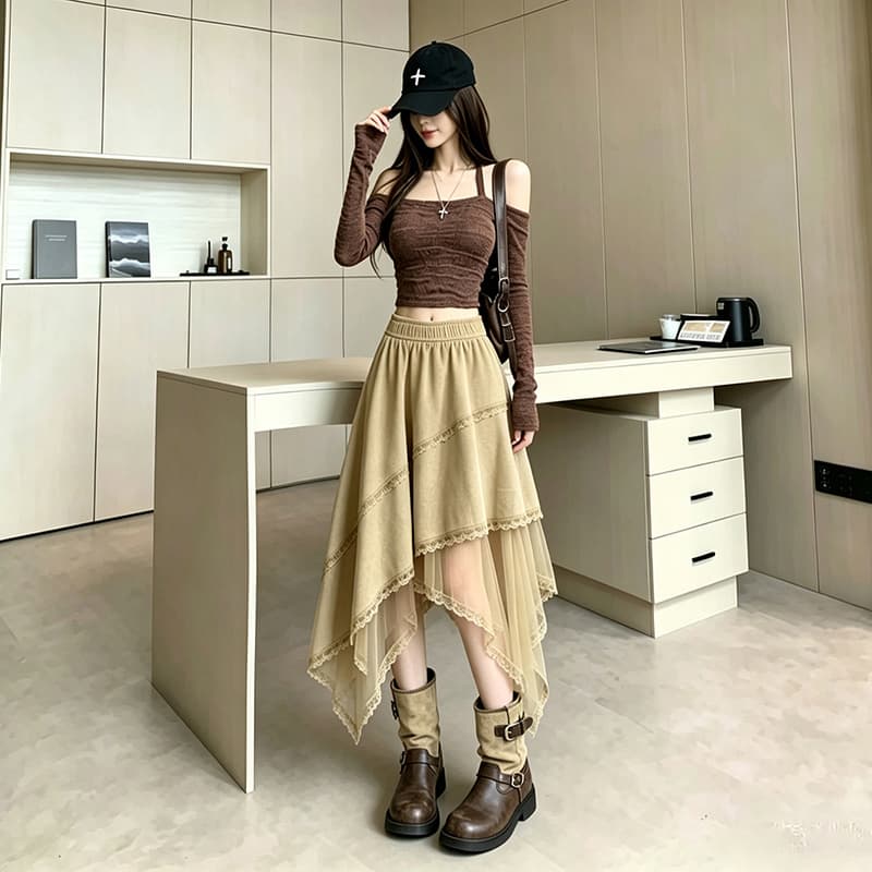 디자인 센스 불규칙 허리밴드 반신 스커트 새로운 레트로 사슴 캐시미어 레이스 망사 패치워크 다용도 치마 이미지 4