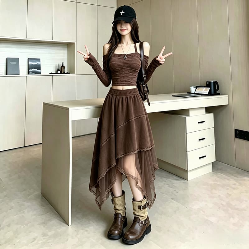 디자인 센스 불규칙 허리밴드 반신 스커트 새로운 레트로 사슴 캐시미어 레이스 망사 패치워크 다용도 치마 이미지 3