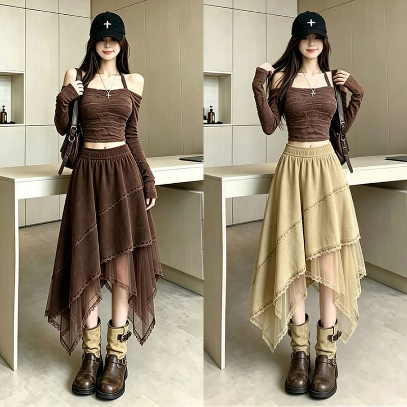 디자인 센스 불규칙 허리밴드 반신 스커트 새로운 레트로 사슴 캐시미어 레이스 망사 패치워크 다용도 치마 이미지 5