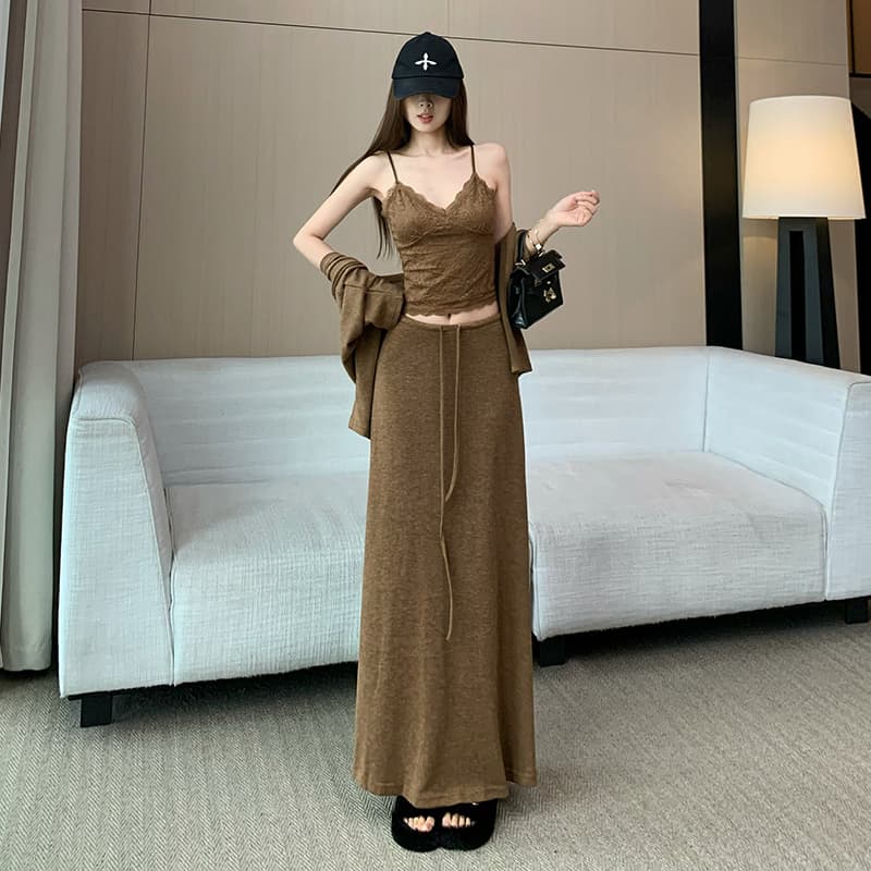 자이언트 잘 생긴 전체 집합 착용 가져 가라. 느긋한 바람 V넥 레이스 슬립 외부 가져 가라. 오픈 가디건 펌프 로프 반신 스커트 3종 세트 이미지 5