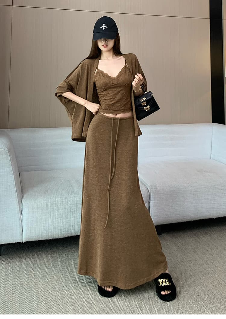 자이언트 잘 생긴 전체 집합 착용 가져 가라. 느긋한 바람 V넥 레이스 슬립 외부 가져 가라. 오픈 가디건 펌프 로프 반신 스커트 3종 세트 상세 이미지 19
