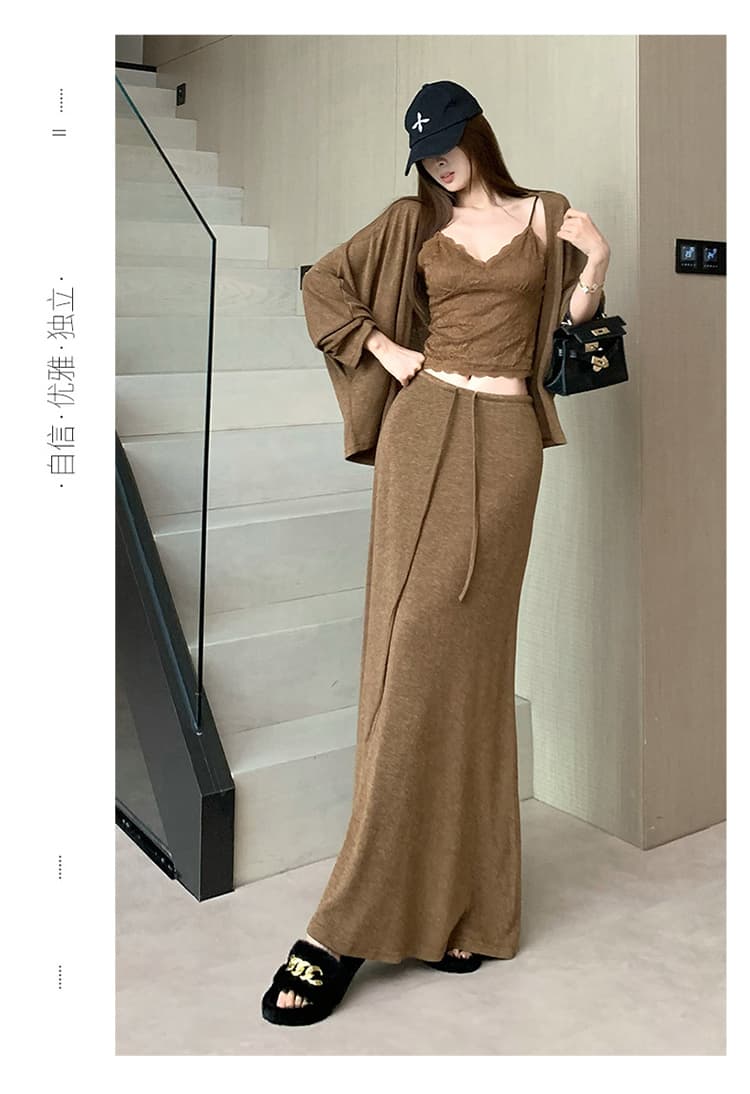 자이언트 잘 생긴 전체 집합 착용 가져 가라. 느긋한 바람 V넥 레이스 슬립 외부 가져 가라. 오픈 가디건 펌프 로프 반신 스커트 3종 세트 상세 이미지 24