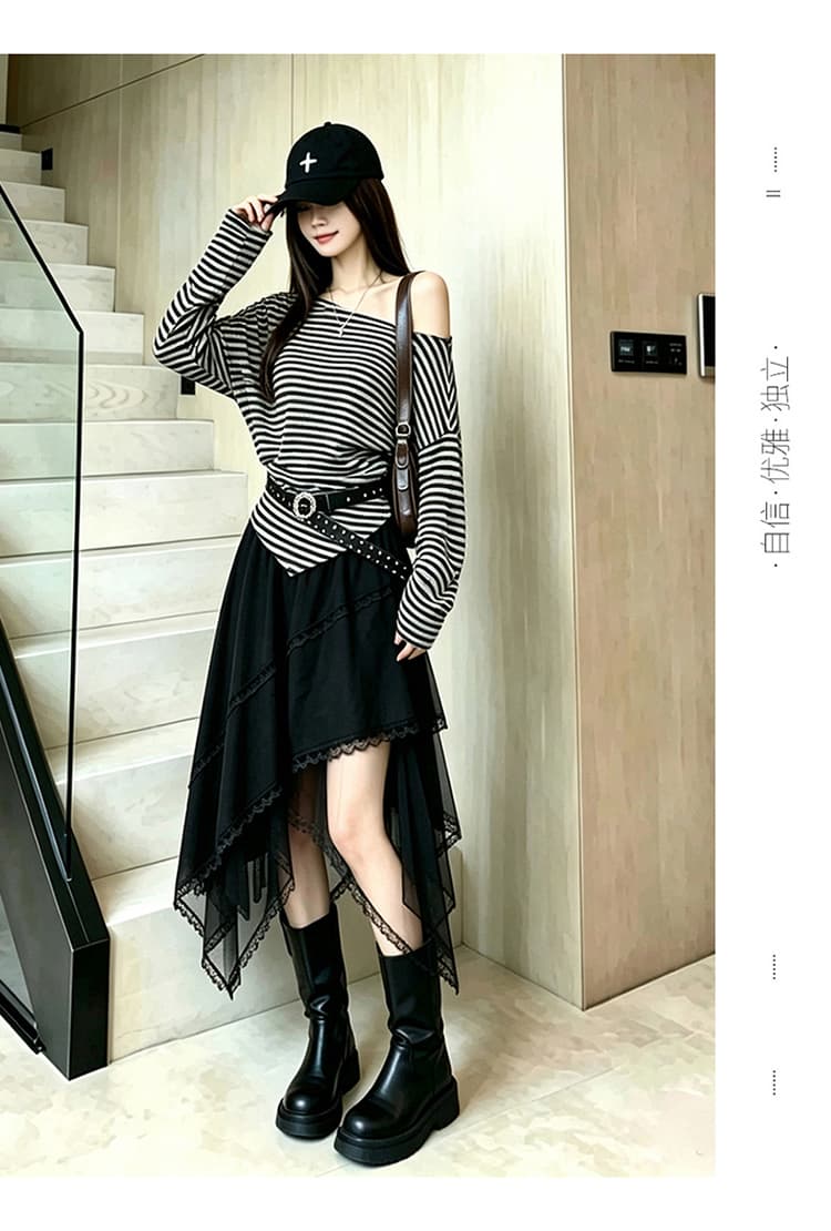 디자인 센스 한 부서 비스듬한 스트라이프 비스듬한 어깨 긴팔 t+ 불규칙 레이스 조각 반신 스커트 투피스 세트 벨트 포함 상세 이미지 20