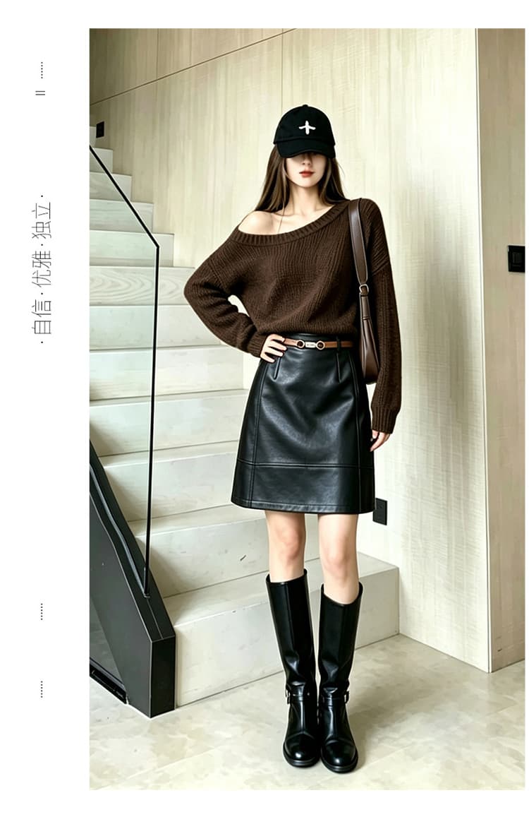 디자인 센스 레트로 PU 가죽 반신 스커트 새로운 오래된 돈 바람 하이웨이스트 슬림해 보이는 패션 다용도 타이트 스커트 벨트 포함 상세 이미지 16