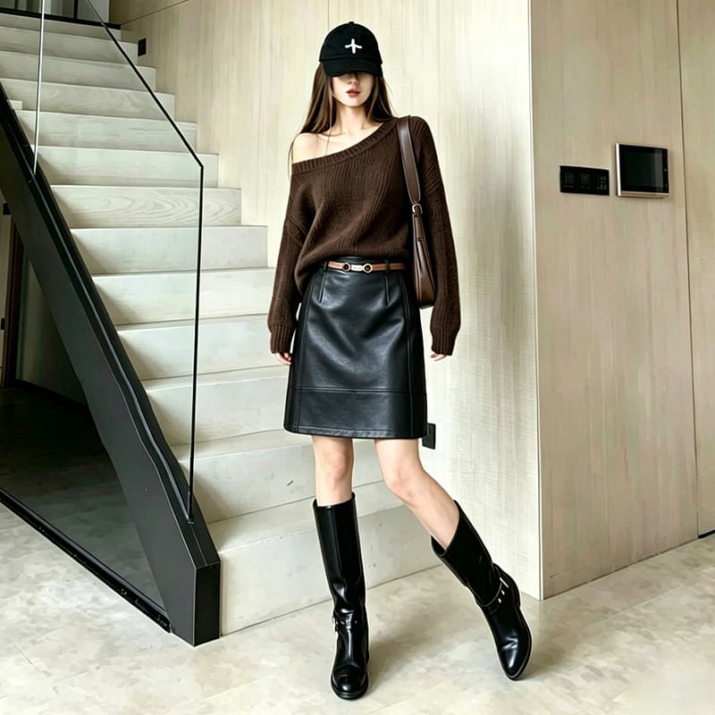 디자인 센스 레트로 PU 가죽 반신 스커트 새로운 오래된 돈 바람 하이웨이스트 슬림해 보이는 패션 다용도 타이트 스커트 벨트 포함 이미지 2