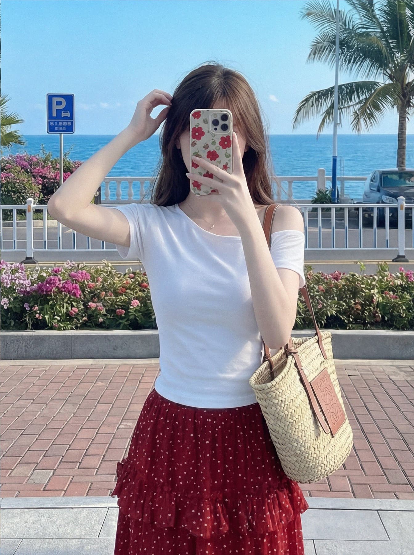 프랑스식 레트로 빨간색 도트 무늬 트임 반신 스커트 여성 하이웨이스트 레이스 달콤함 롱 스커트 티셔츠 맨위 여름 세트 이미지 3